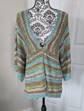 Coldwater Creek Multicolor Striped V-Neck Button Cardigan - Aqua, Green, Brown